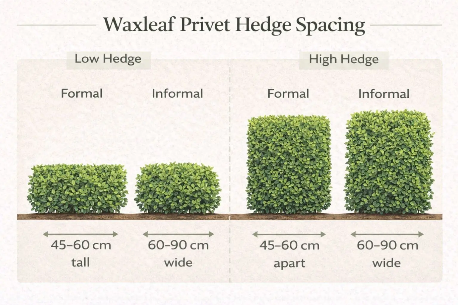 Waxleaf privet hedge spacing chart showing spacing for low and high hedges, formal and informal designs for optimal growth.