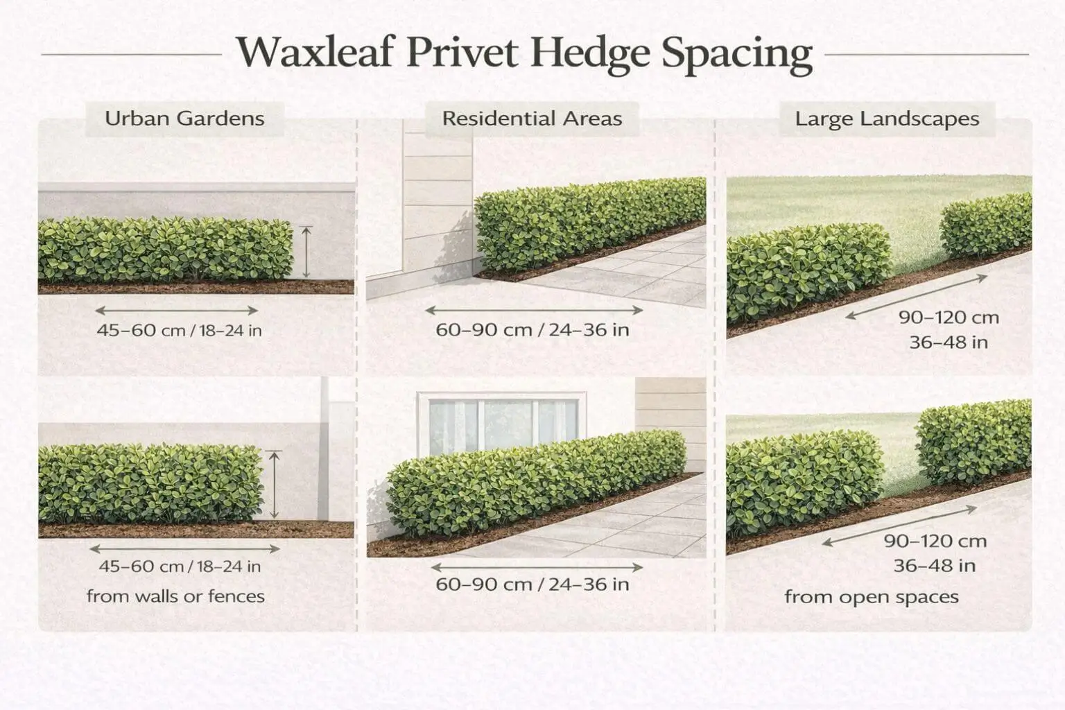 Waxleaf privet hedge spacing recommendations for gardens, homes, and large landscapes, showing proper distance from structures and optimal growth.