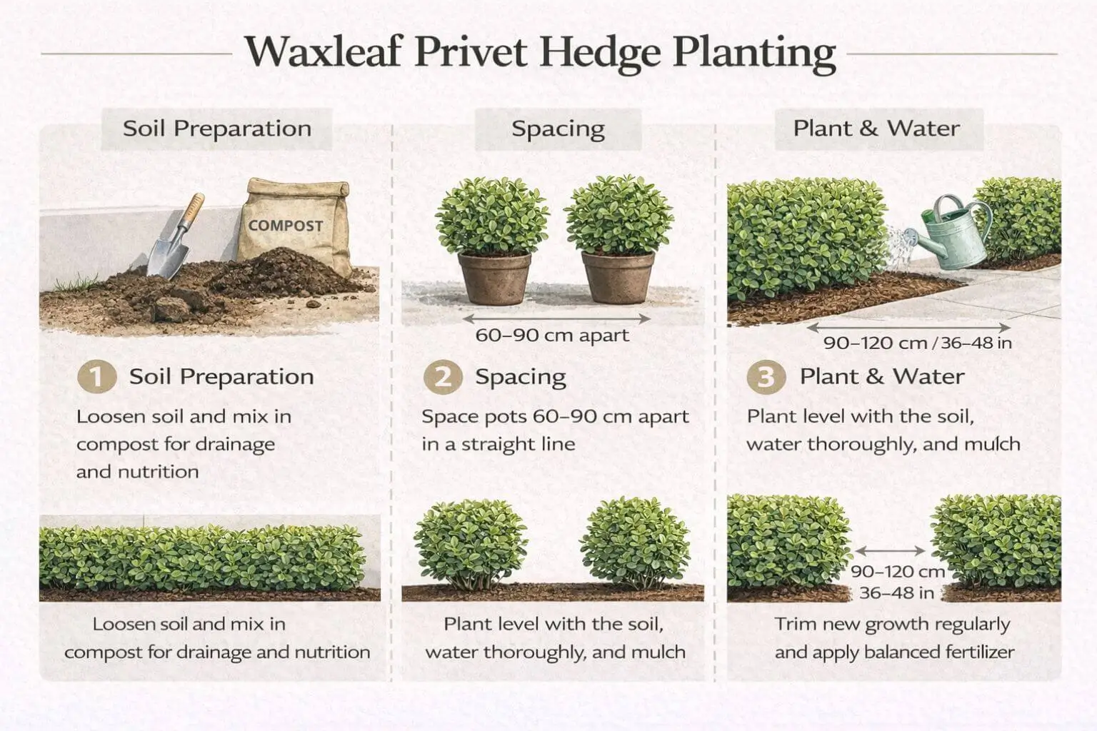 Waxleaf privet hedge planting and pruning guide showing spacing, soil prep, pot planting, and maintenance for healthy hedge growth.