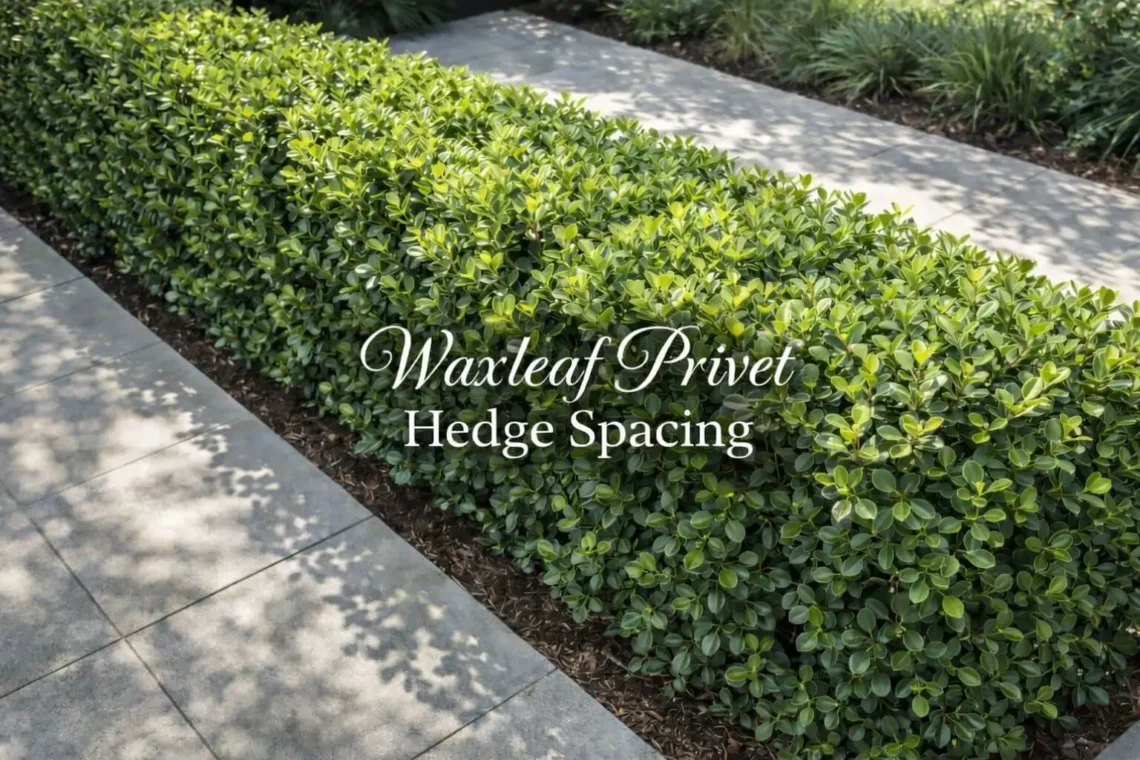 Properly spaced waxleaf privet hedge in garden showing ideal hedge spacing, lush growth, and pruning-ready design for healthy hedges.