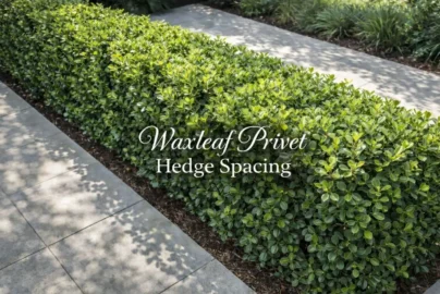 Properly spaced waxleaf privet hedge in garden showing ideal hedge spacing, lush growth, and pruning-ready design for healthy hedges.