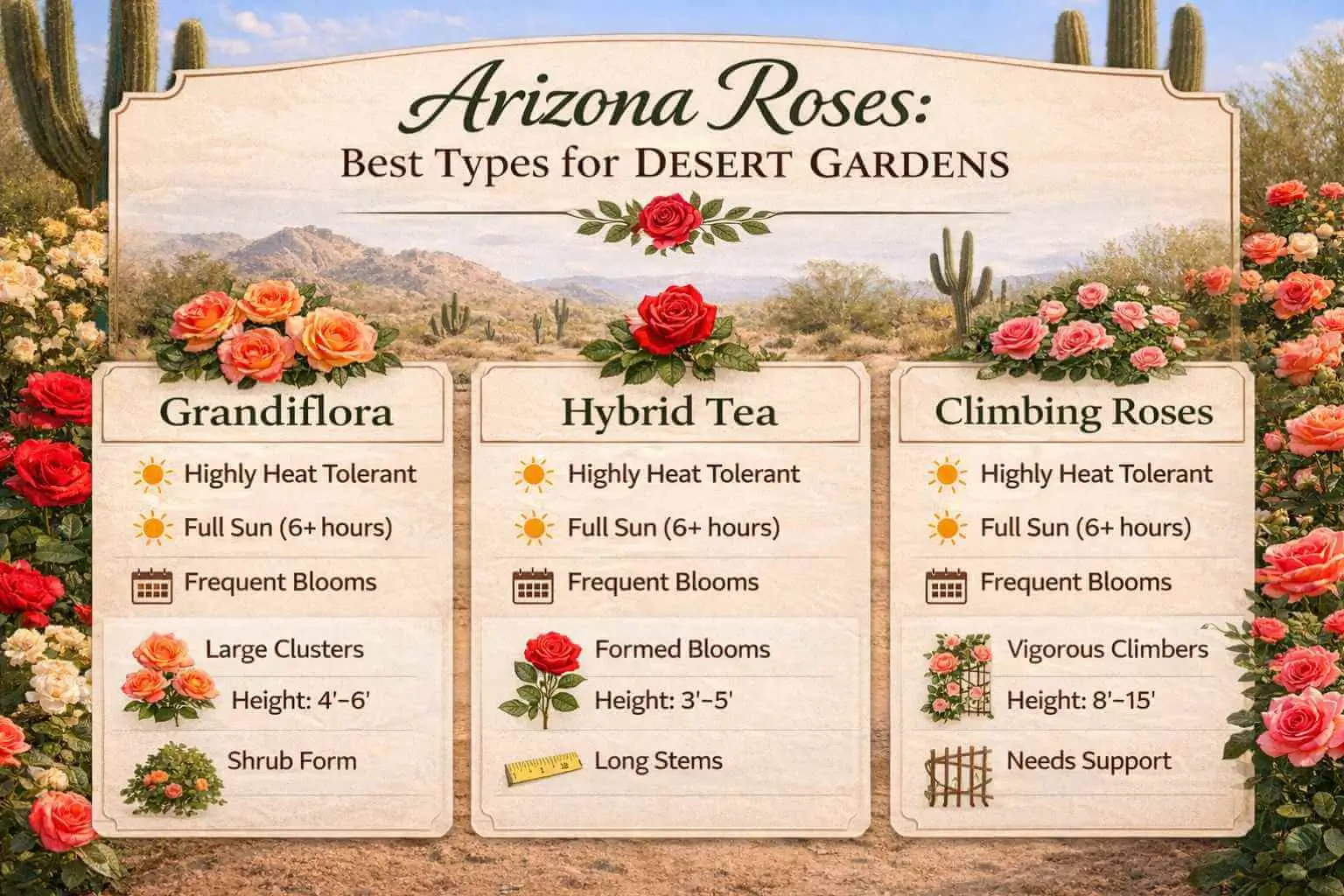 Arizona Roses infographic showing Grandiflora, Hybrid Tea, and Climbing roses with heat tolerance and desert adaptability.