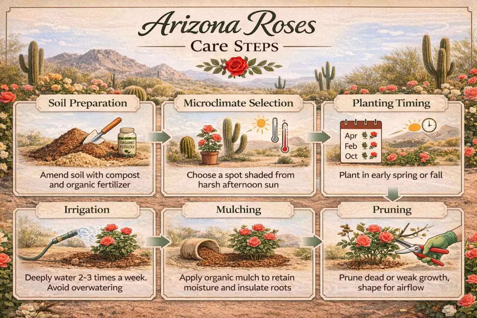 Arizona Roses planting and care infographic showing soil preparation, irrigation, mulching, and pruning steps for desert conditions.