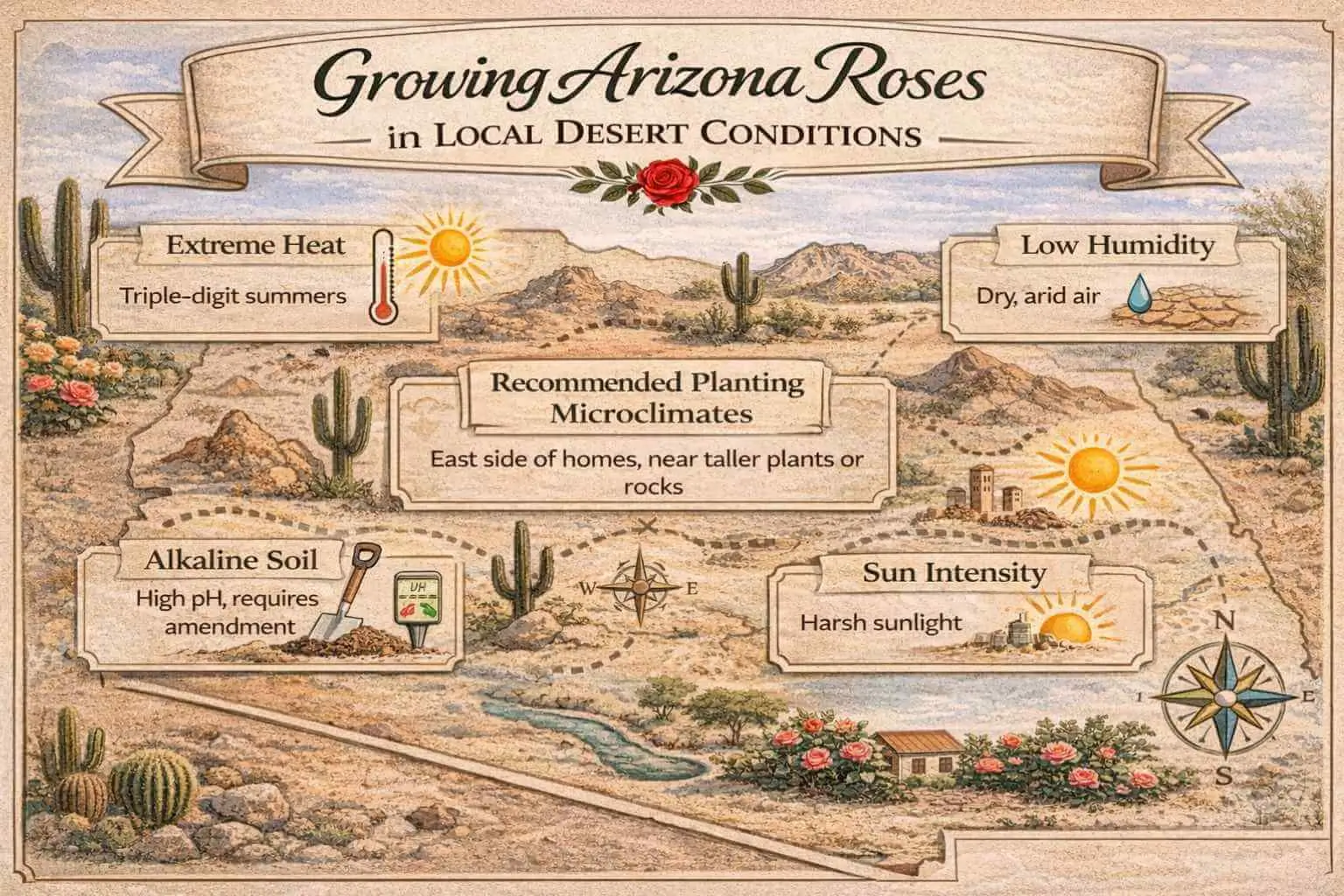 Arizona Roses infographic showing desert climate, heat, sun exposure, and soil conditions for successful rose growth.