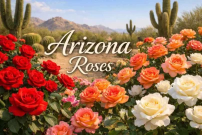 Arizona Roses blooming in desert conditions, showing red, white, and sunset-colored varieties adapted to Arizona heat.