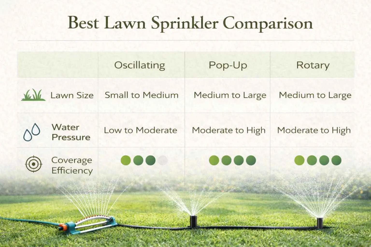 Comparison of best lawn sprinkler types for various lawn sizes and water pressures