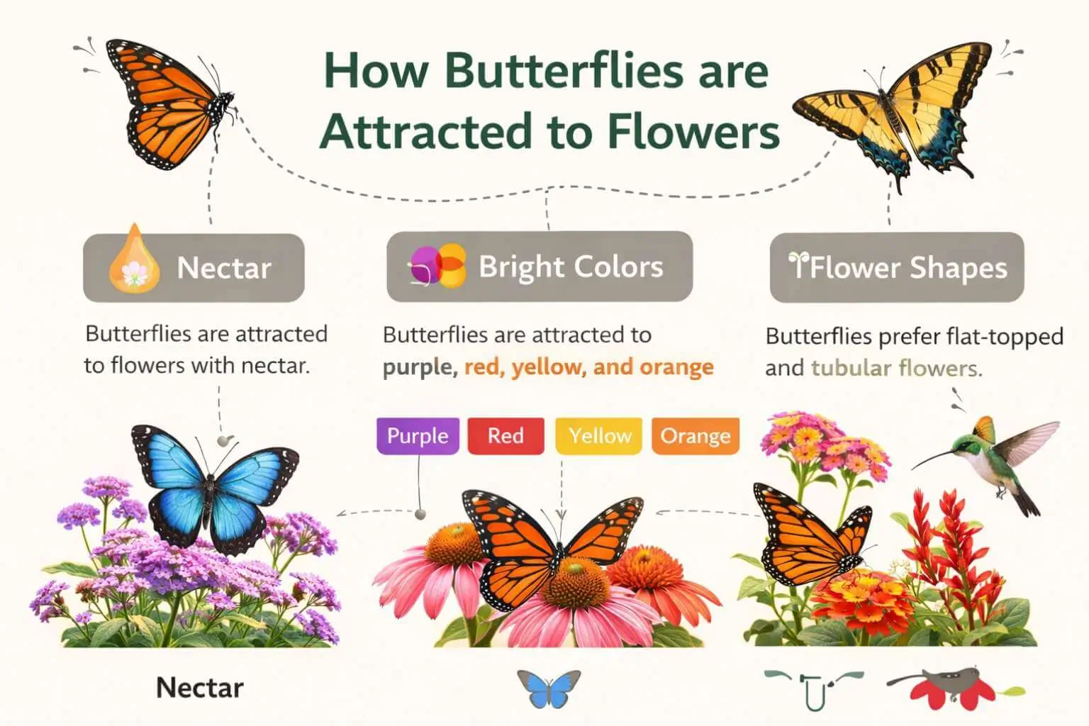 Infographic illustrating nectar, colors, and flower shapes that attract butterflies.