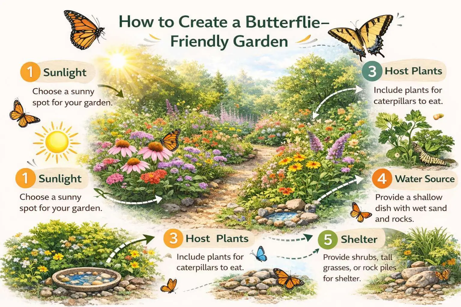 Infographic showing steps to attract butterflies: sunlight, nectar plants, host plants, water, and shelter.