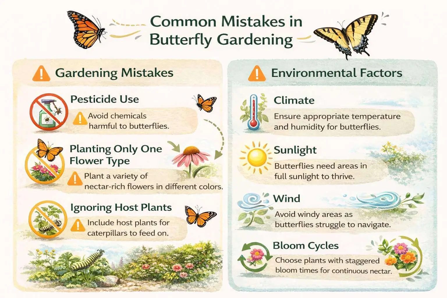 Infographic showing common butterfly gardening mistakes and environmental factors affecting butterfly activity.