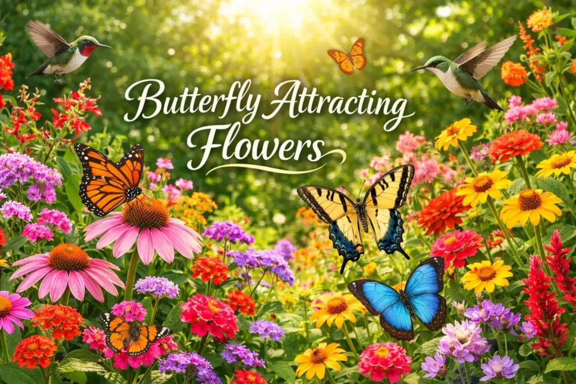 Banner showing colorful butterfly attracting flowers with butterflies and hummingbirds in a sunlit garden.