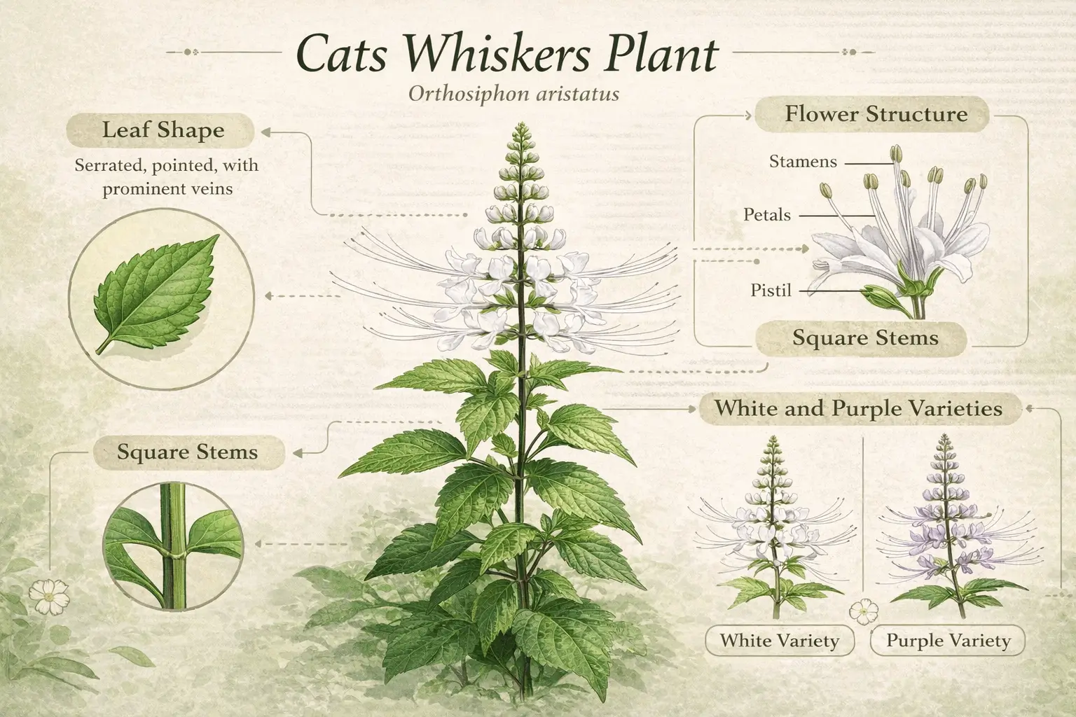 infographic showing botanical features and identification of cats whiskers plant Orthosiphon aristatus