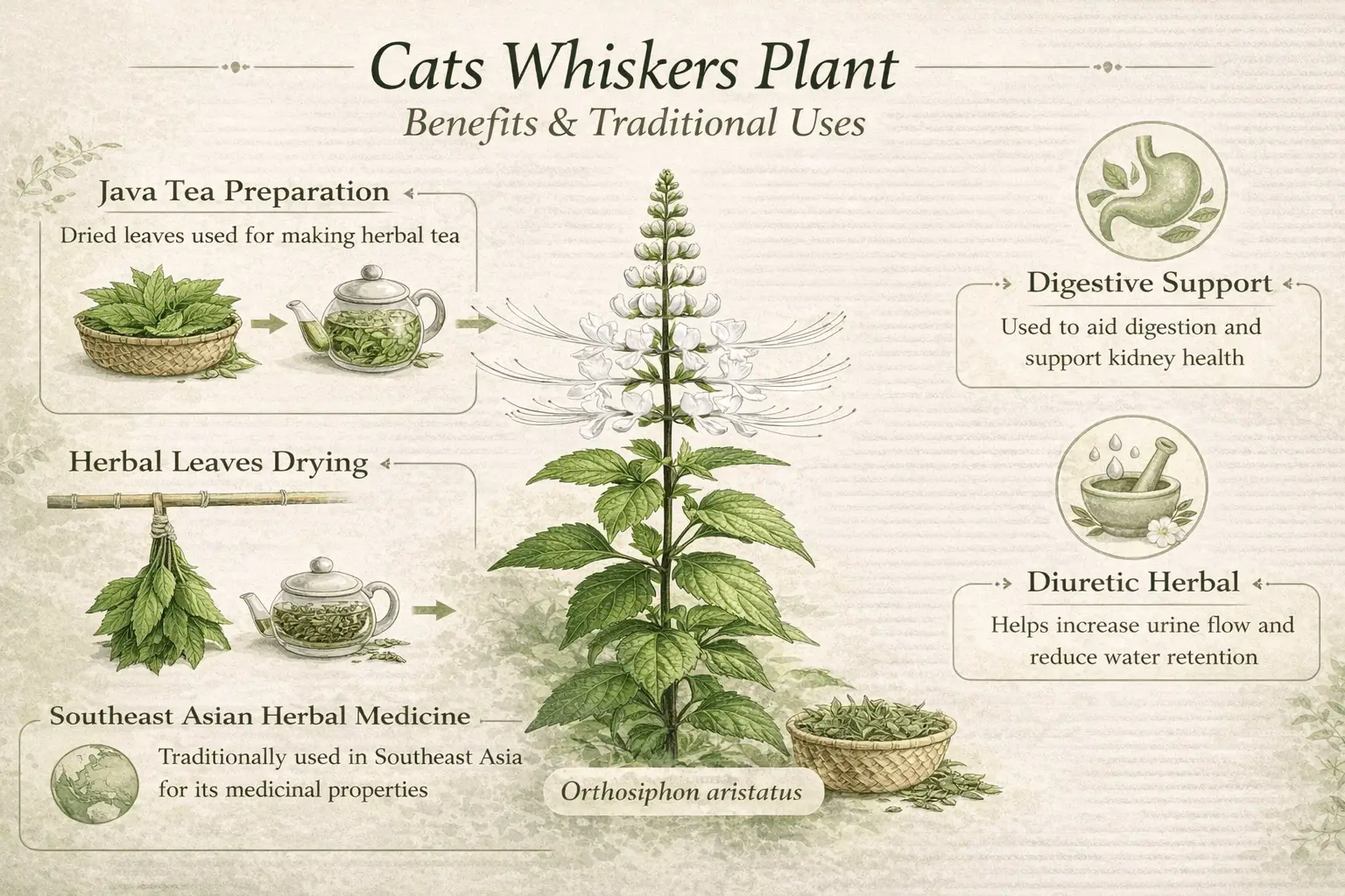 infographic explaining benefits and traditional uses of cats whiskers plant and Java tea