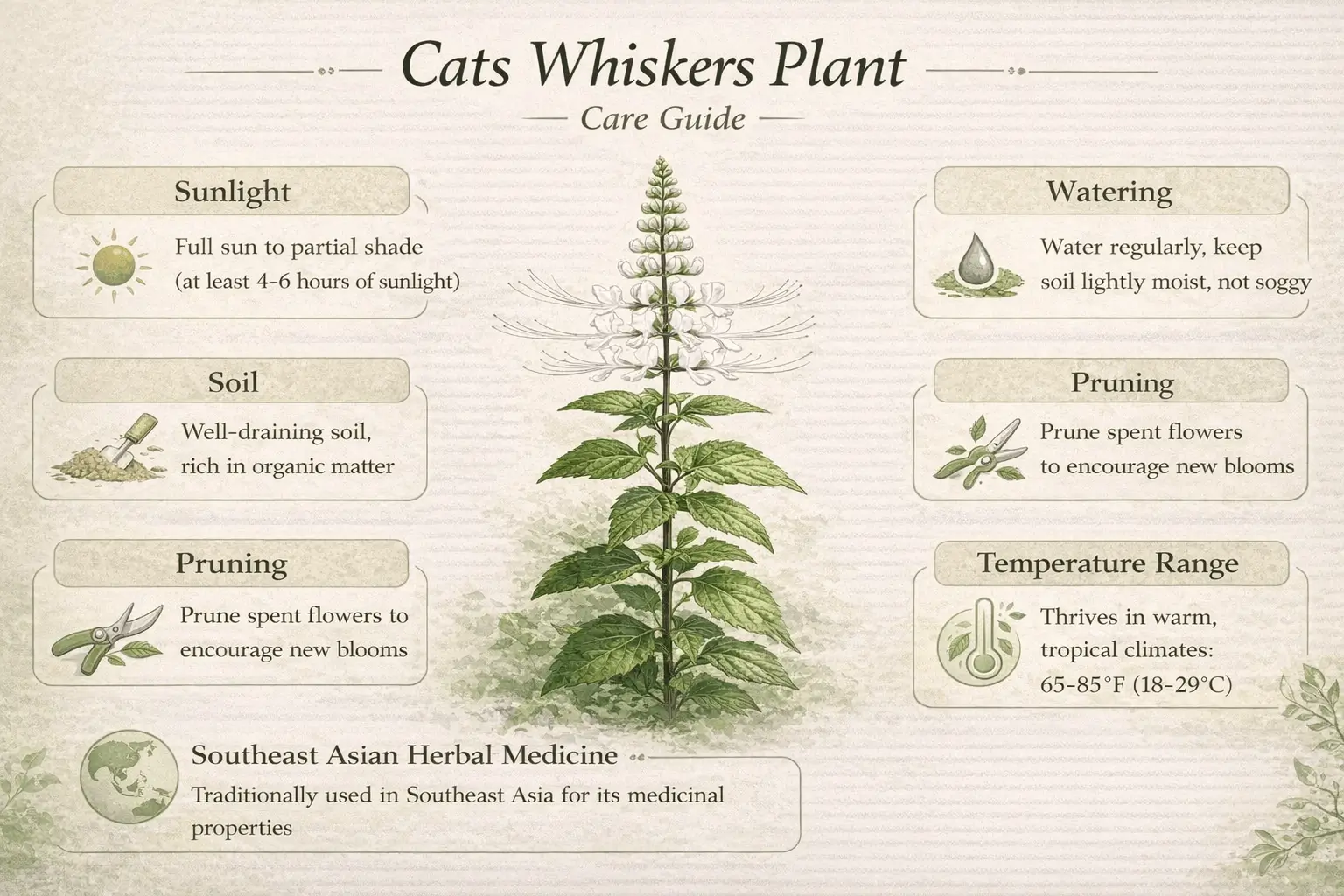 infographic showing care guide for cats whiskers plant including sunlight watering soil and pruning