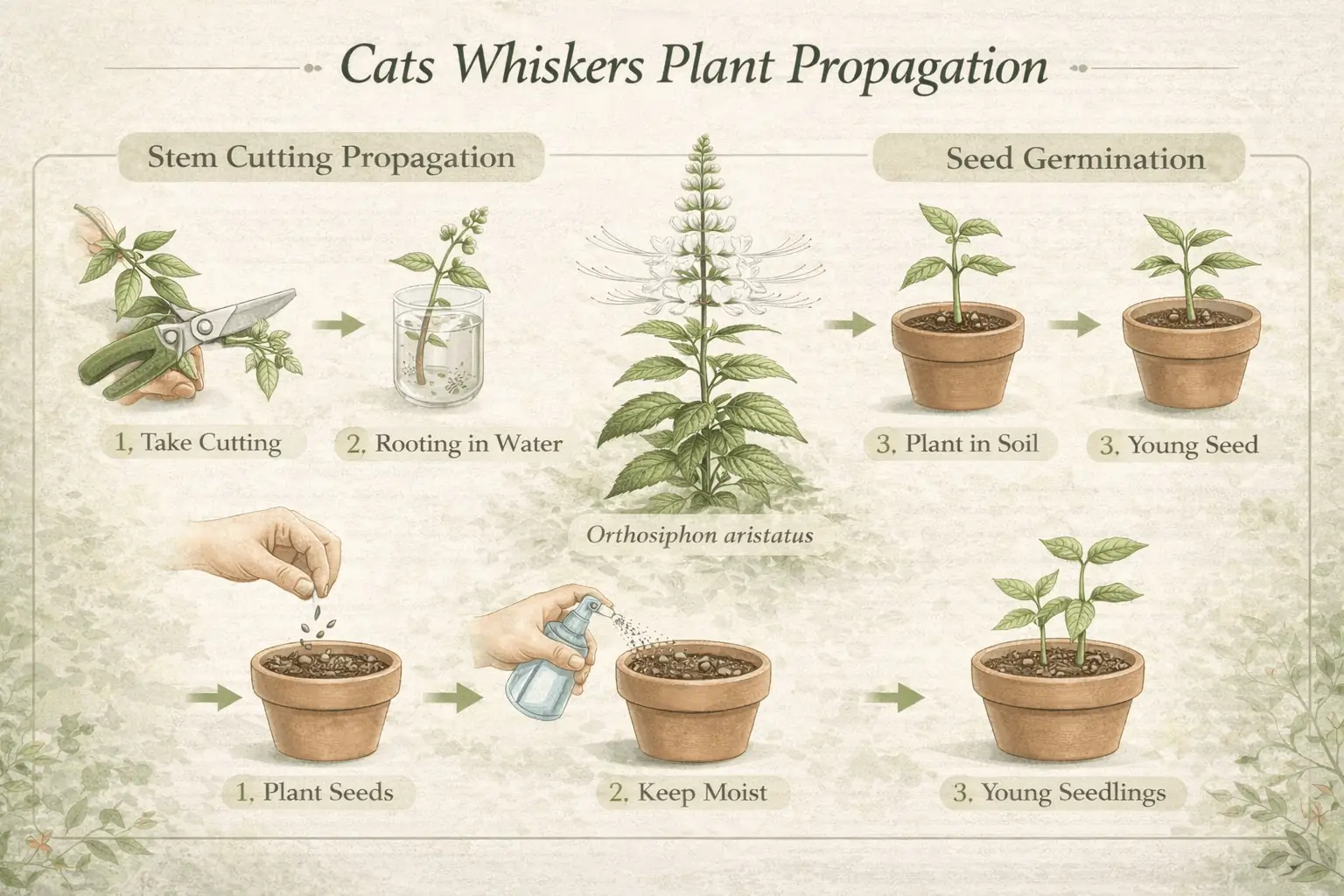 infographic showing how to propagate cats whiskers plant from cuttings and seeds