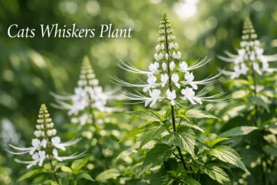 cats whiskers plant Orthosiphon aristatus with long white whisker-like flowers growing in a tropical garden