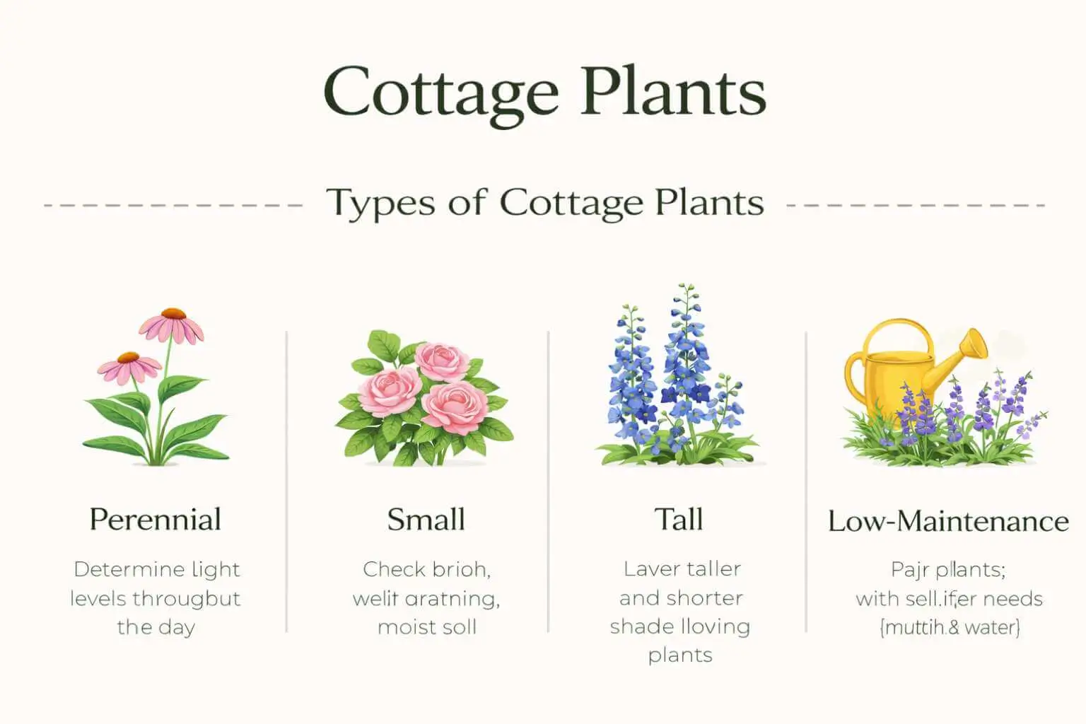 SEO infographic showing types of cottage plants including perennial, small, tall, and low-maintenance varieties