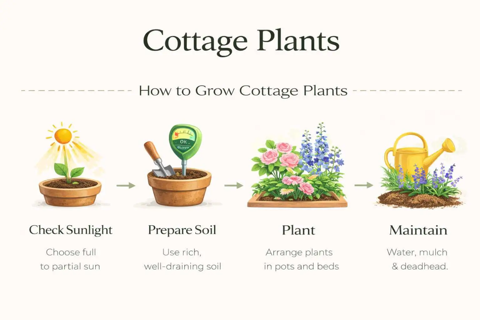 AIO infographic illustrating how to grow cottage plants with sunlight, soil, and care instructions