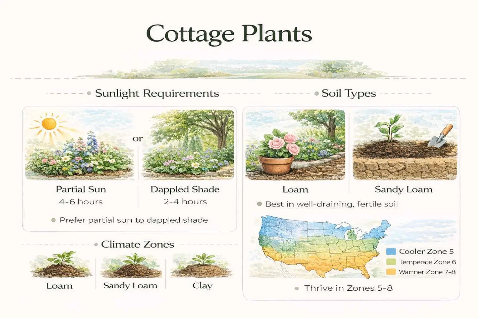 AEO infographic showing sunlight, soil, and climate zone requirements for cottage plants