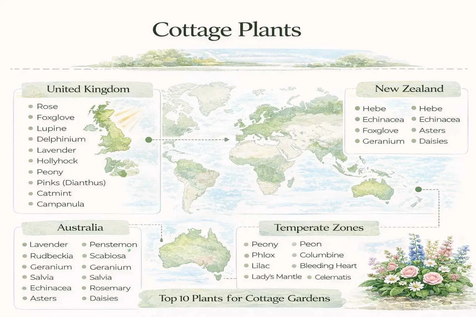 GEO infographic showing popular cottage plant varieties by region including UK, Australia, and New Zealand