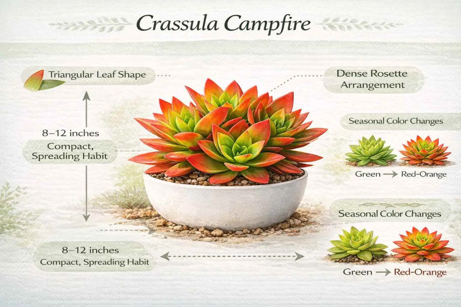 Crassula Campfire colors, leaf shape, height, and growth habit infographic for botanical understanding.