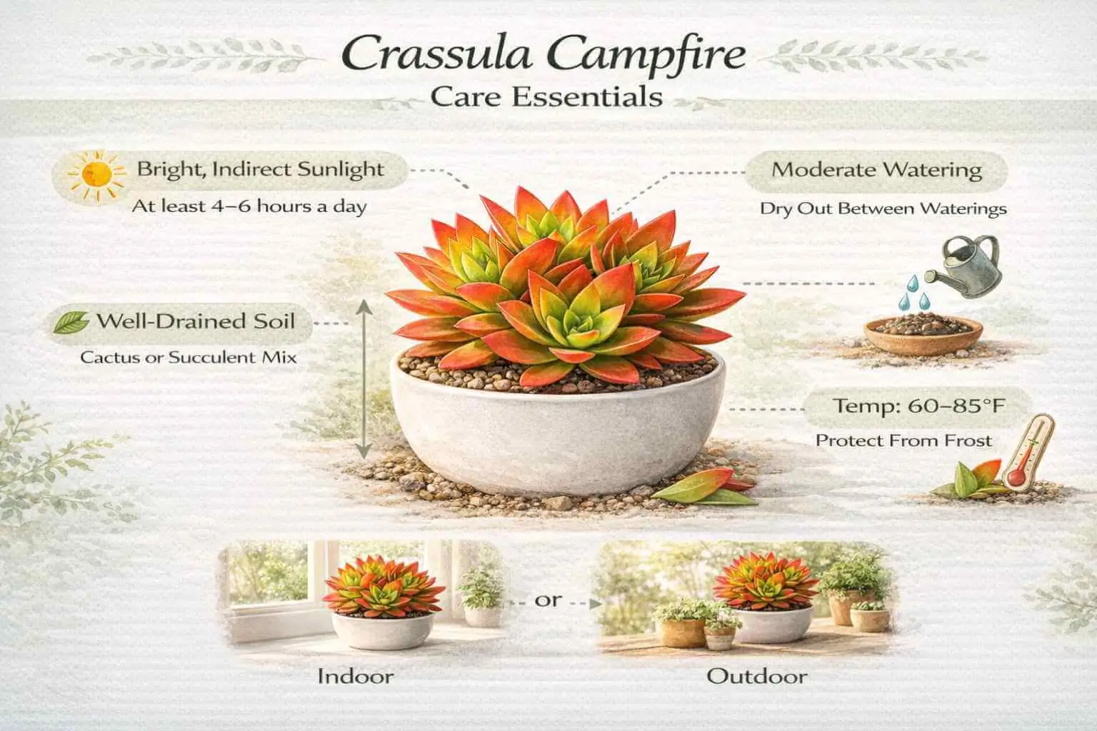 Crassula Campfire care infographic showing sunlight, watering, soil, and temperature requirements