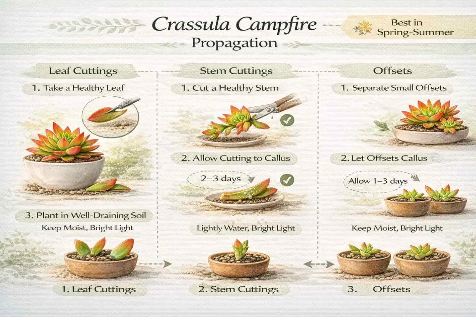 How to propagate Crassula Campfire using leaf, stem cuttings, and offsets infographic.