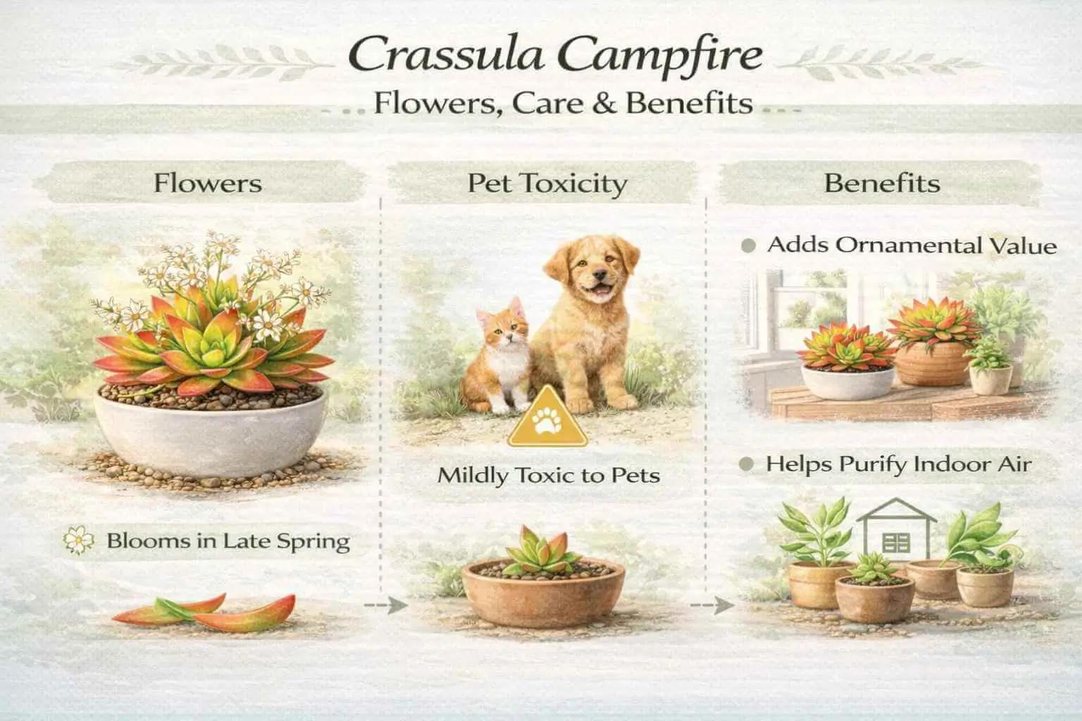 Crassula Campfire infographic showing flowering, pet safety, and ornamental benefits.