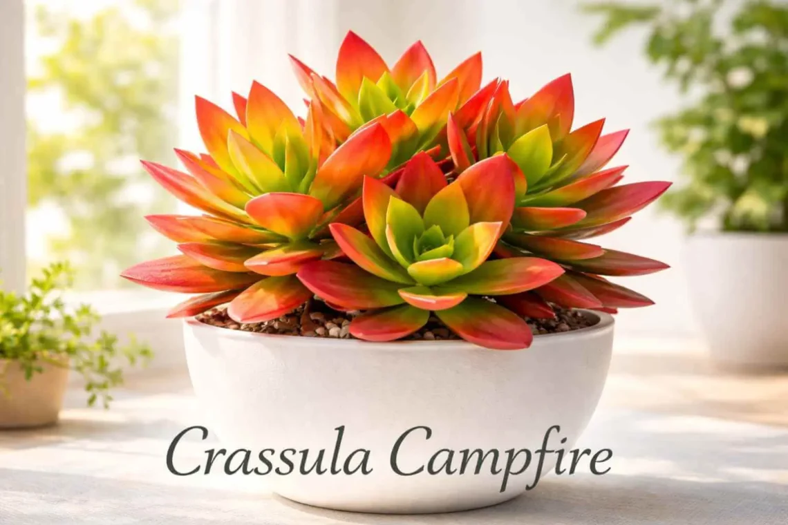 Crassula Campfire succulent with vibrant seasonal colors displayed in a decorative indoor pot.