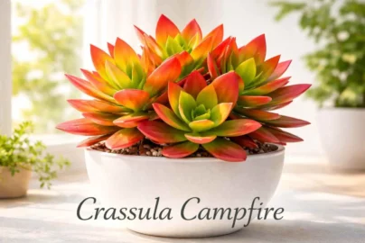 Crassula Campfire succulent with vibrant seasonal colors displayed in a decorative indoor pot.