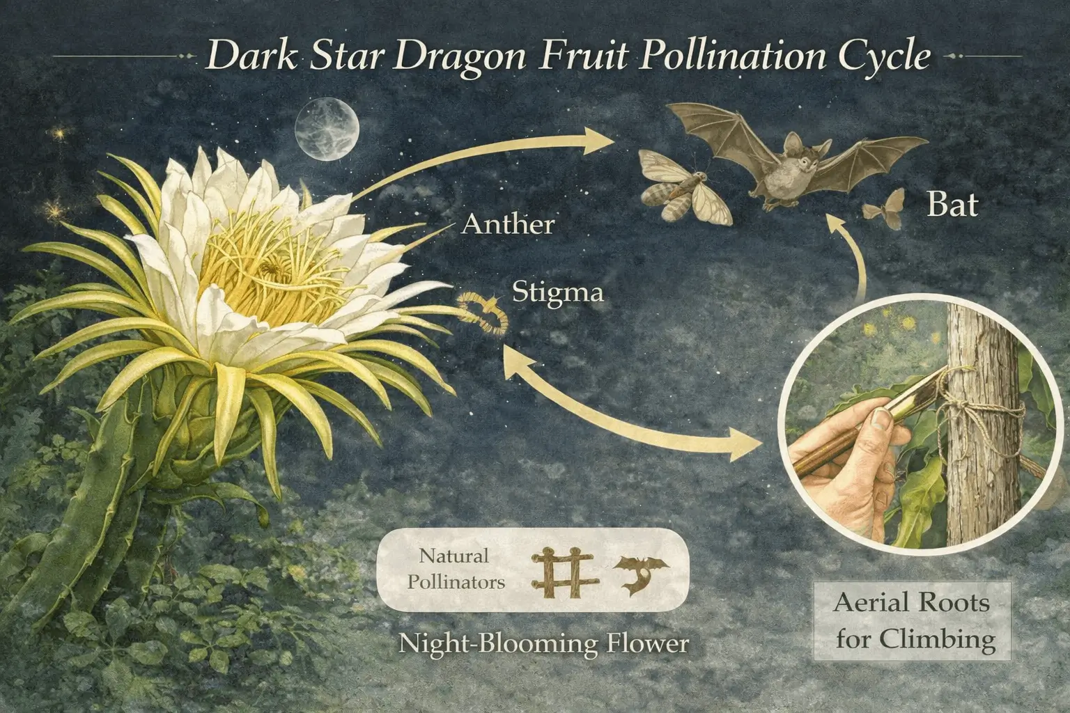 Infographic explaining dark star dragon fruit flower pollination including moth pollination and hand pollination methods.