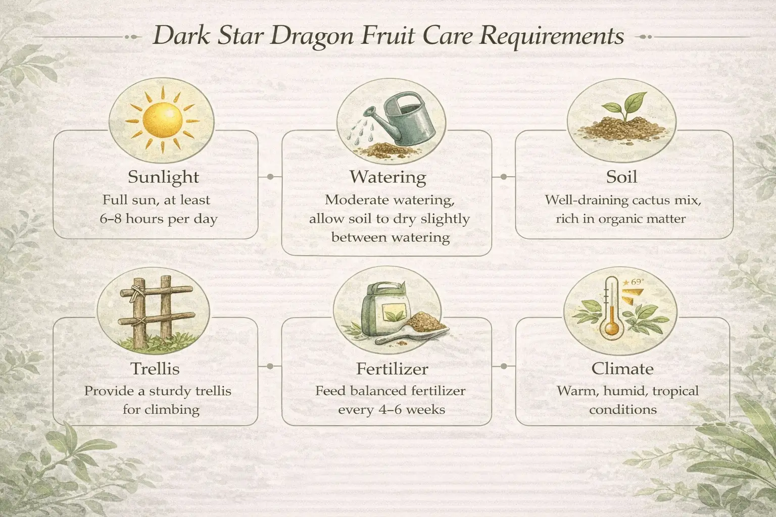 Infographic showing care requirements for dark star dragon fruit including sunlight, watering, soil and trellis support.