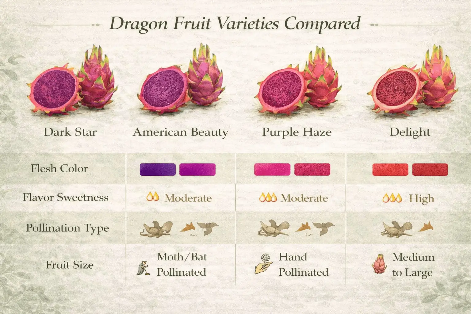 Infographic comparing dark star dragon fruit with other purple dragon fruit varieties including American Beauty and Purple Haze.