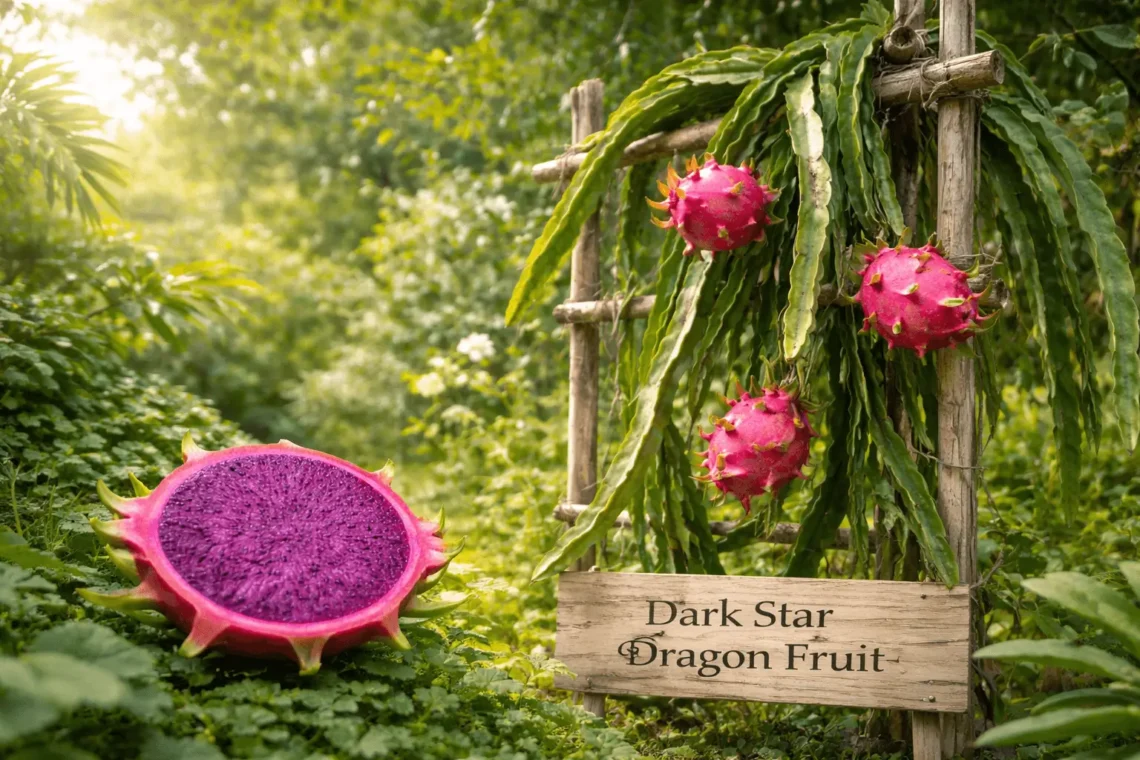 Dark star dragon fruit plant growing on trellis with purple flesh fruit showing vibrant interior.