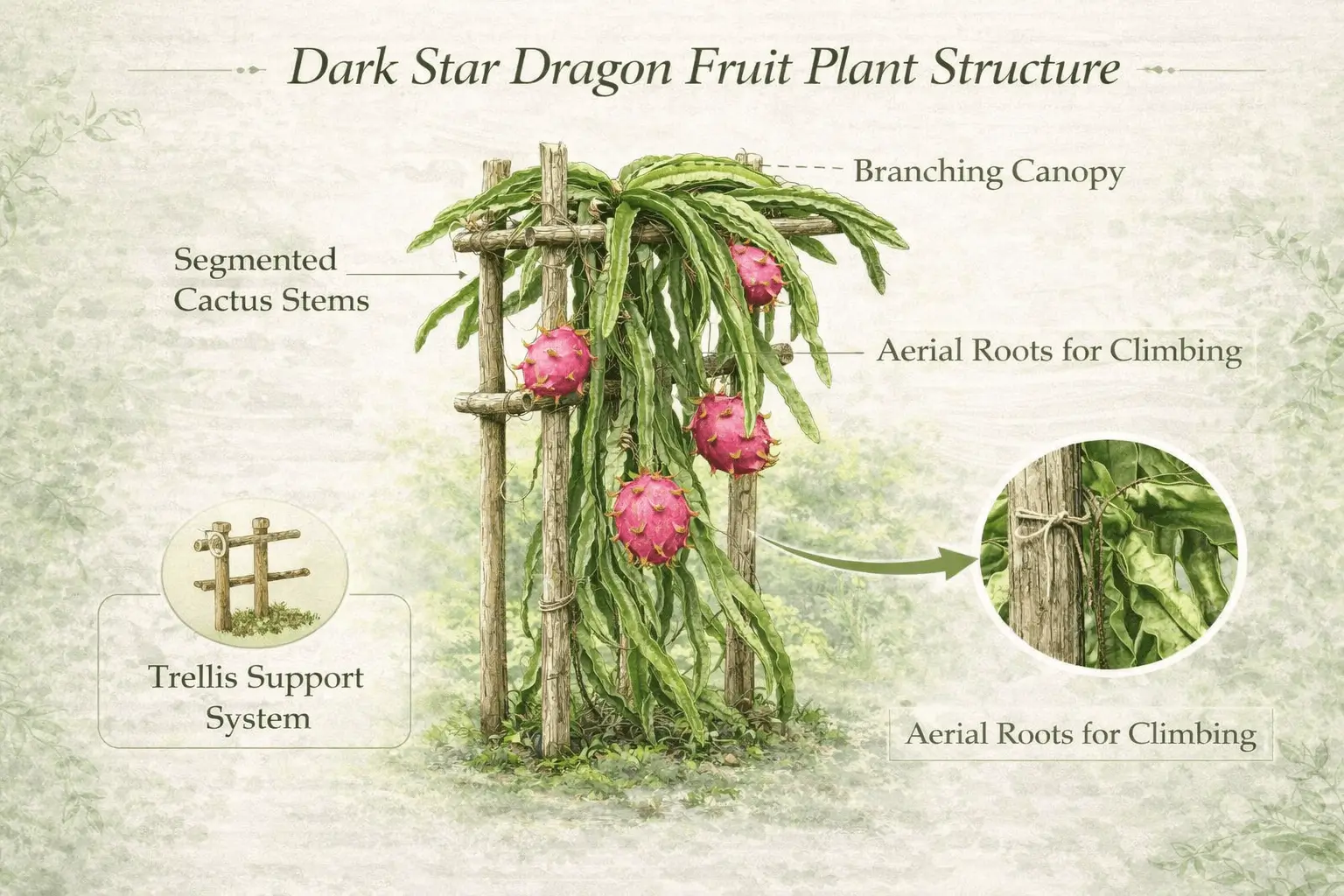Infographic showing structural features of the dark star dragon fruit plant including stems, aerial roots and trellis support.