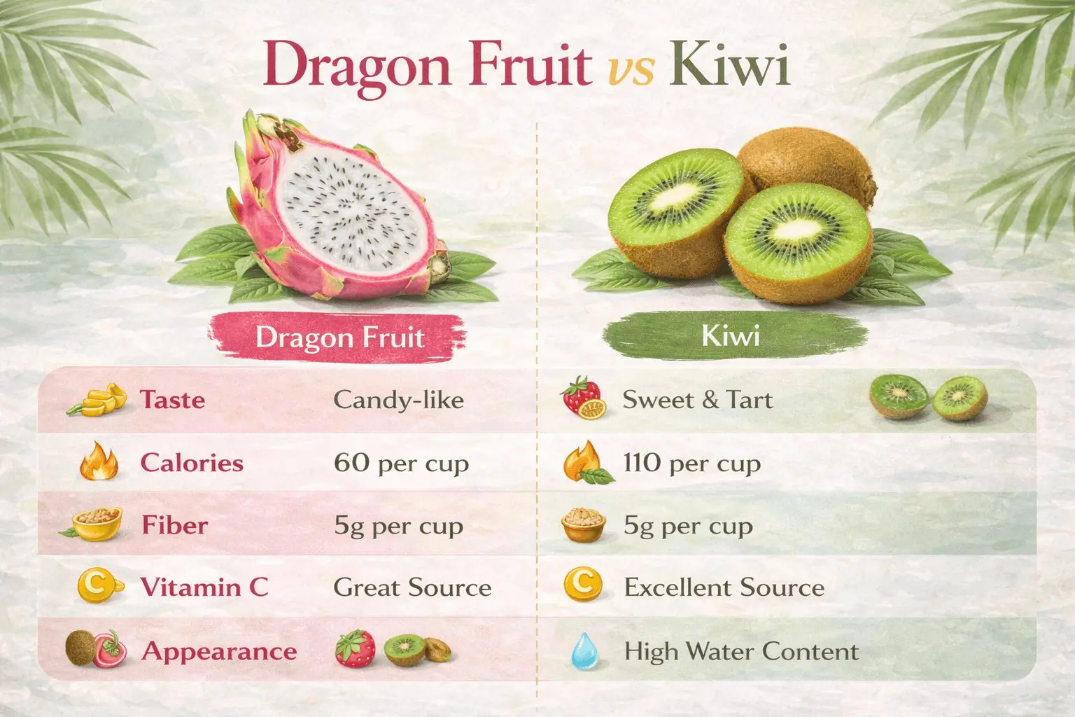 dragon fruit vs kiwi comparison infographic showing taste calories fiber vitamin C and appearance differences