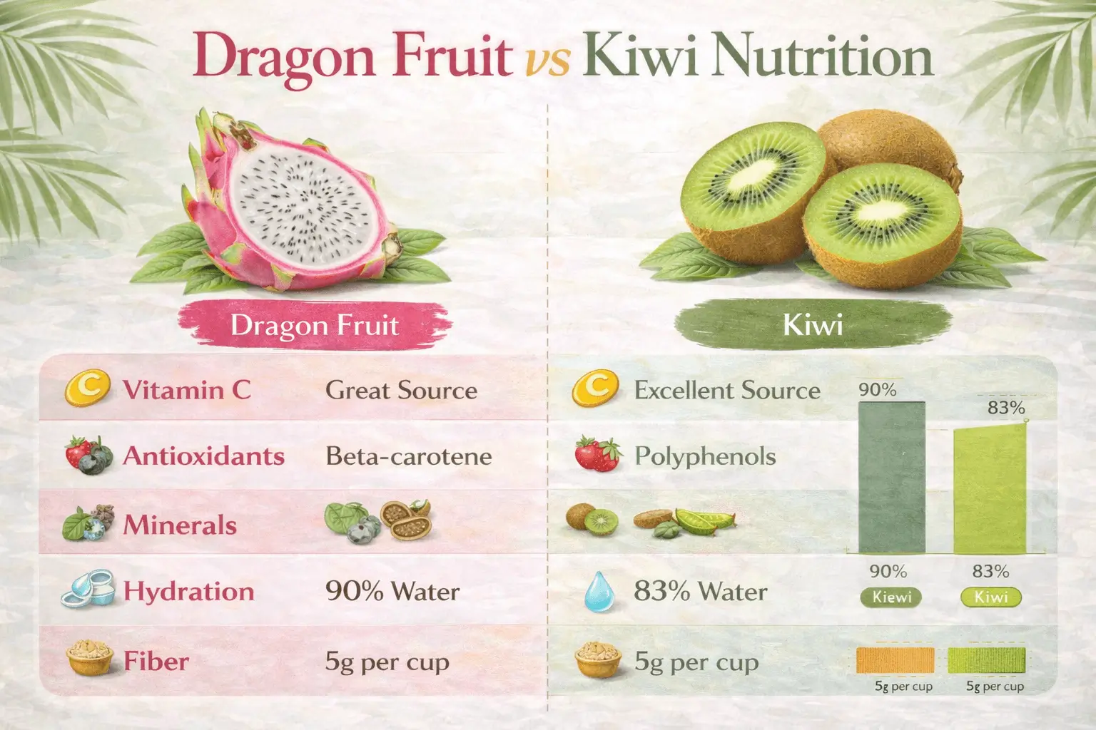 dragon fruit vs kiwi nutrition comparison infographic showing vitamin C antioxidants and mineral content