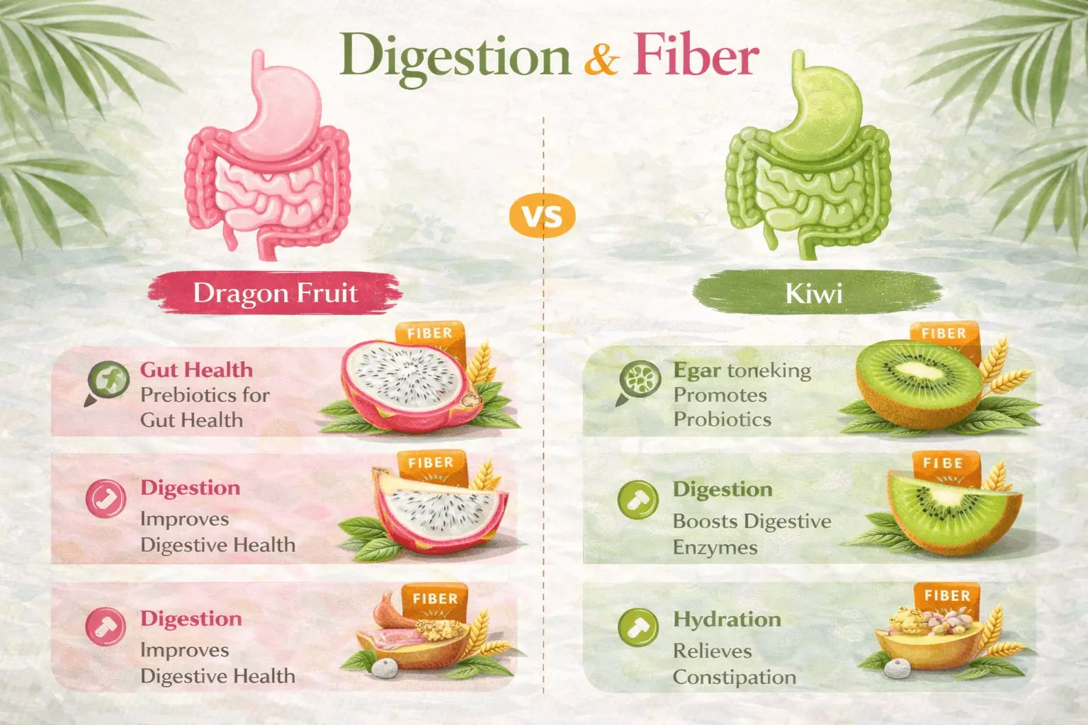 dragon fruit vs kiwi fiber comparison infographic explaining digestion and gut health benefits