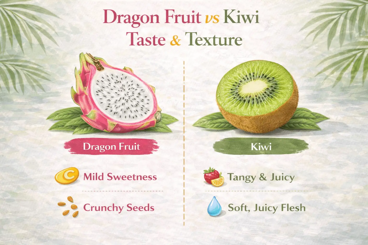 dragon fruit vs kiwi taste comparison infographic showing flavor and texture differences