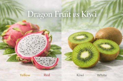 dragon fruit vs kiwi comparison banner showing sliced dragon fruit and kiwi fruit side by side