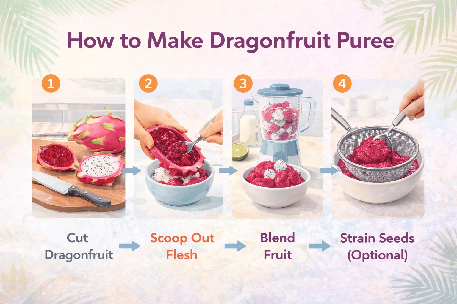 step by step infographic showing how to make dragonfruit puree at home