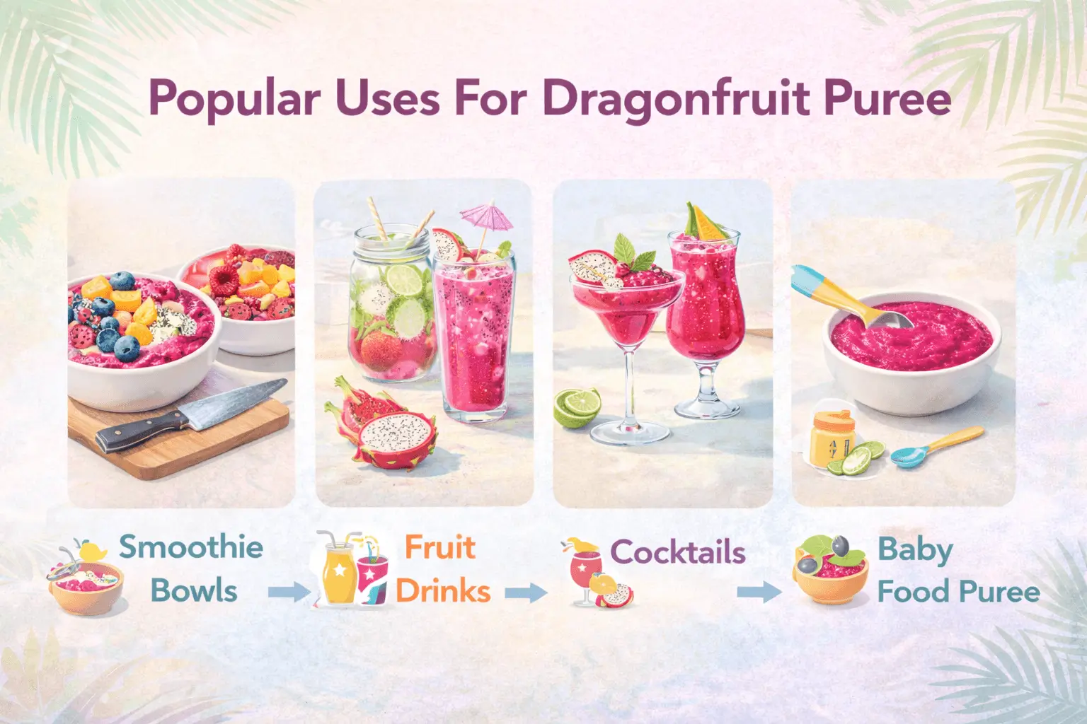 infographic showing popular uses for dragonfruit puree including smoothies drinks cocktails and baby food
