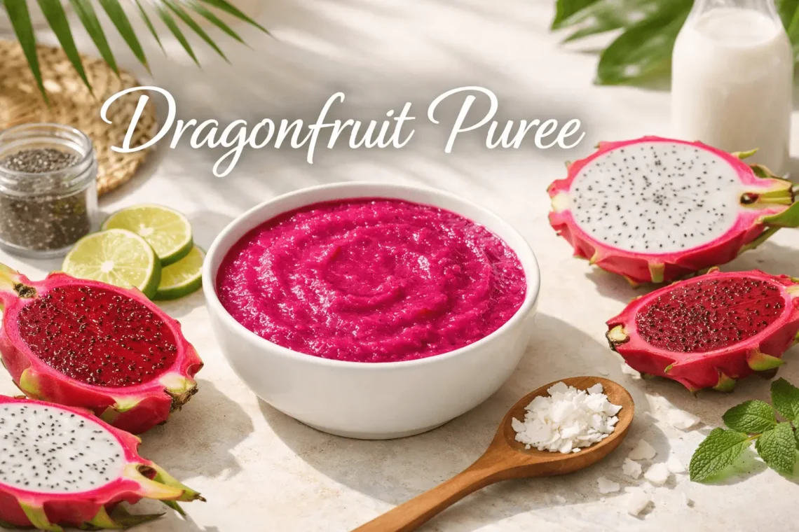 dragonfruit puree made from fresh pitaya fruit in bowl with sliced dragon fruit on table