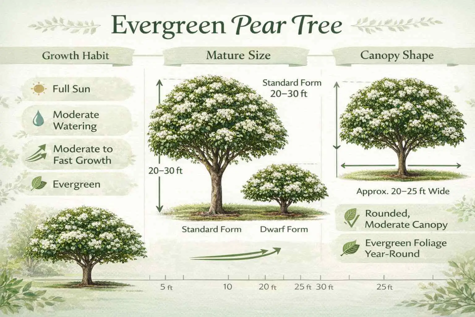 Evergreen pear tree infographic showing full-grown height, dwarf forms, growth rate, and seasonal foliage retention.