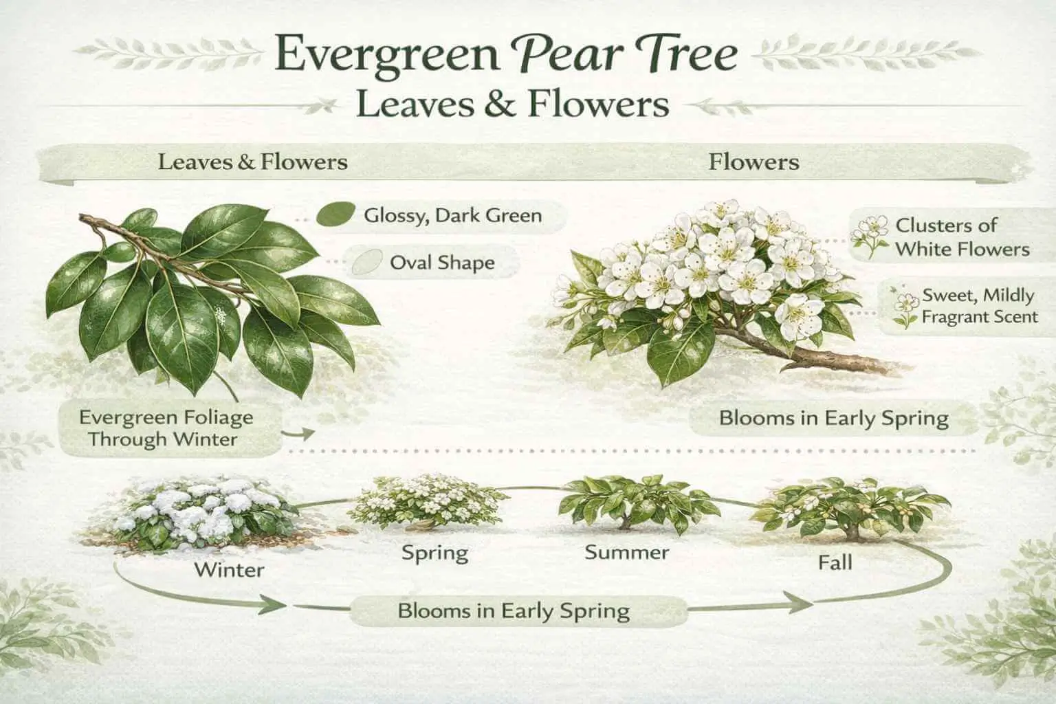 Evergreen pear tree leaves and flowers infographic showing shape, color, bloom timing, and seasonal foliage behavior.