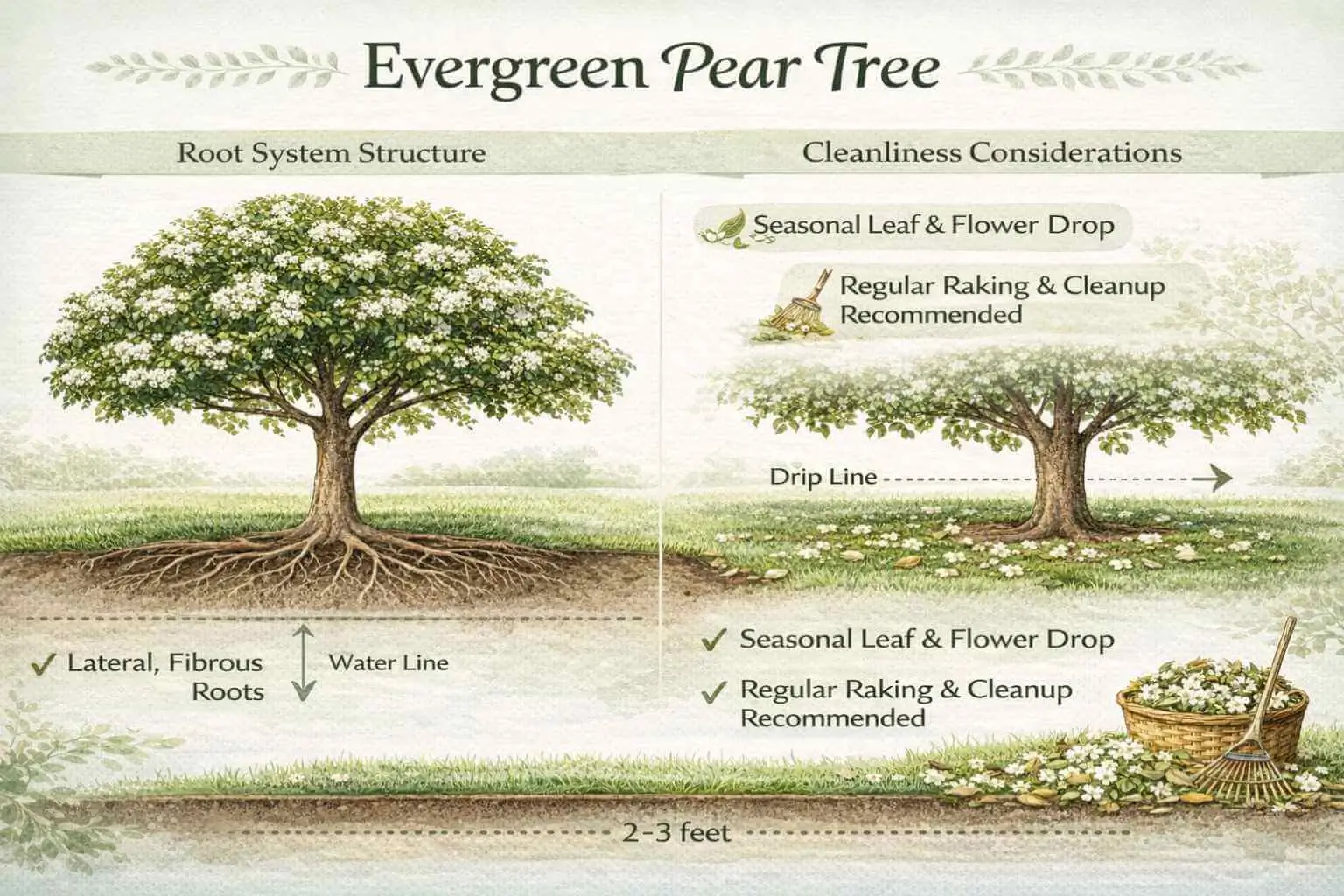 Evergreen pear tree root system and maintenance infographic showing root spread, non-invasiveness, and seasonal leaf/flower debris.