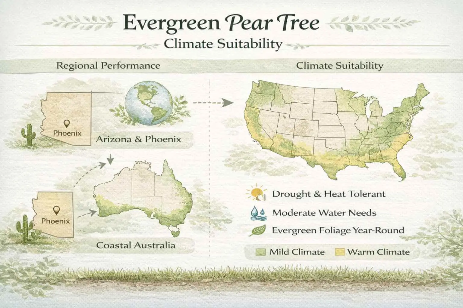 Evergreen pear tree infographic showing suitable climates, regions, heat and drought tolerance, and seasonal foliage behavior.