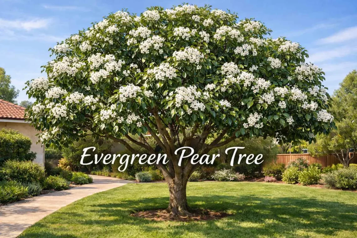Evergreen pear tree with glossy leaves and white flowers in a suburban garden, showing size, canopy, and seasonal appearance.