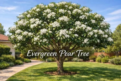Evergreen pear tree with glossy leaves and white flowers in a suburban garden, showing size, canopy, and seasonal appearance.