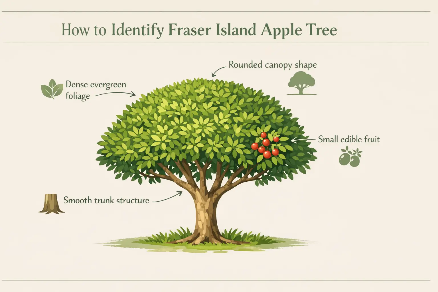 How to identify Fraser Island apple tree with labeled features foliage canopy fruit and structure infographic