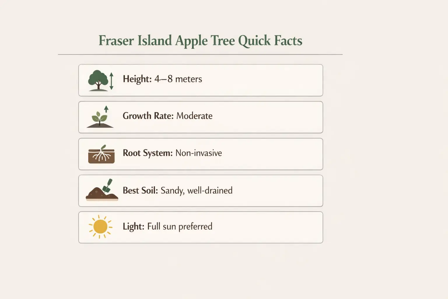 Fraser Island apple tree quick facts infographic showing size growth rate root system soil and light requirements